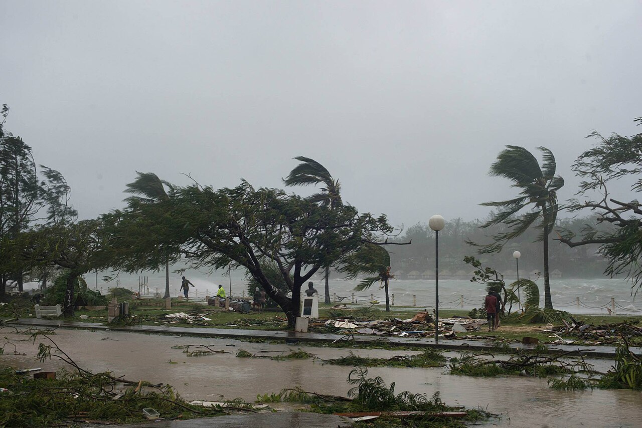 Damaged trees and debris along the waterfront in Vanuatu after Cyclone Pam.